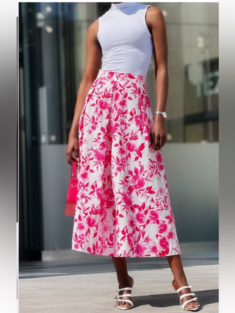 Zara Poplin Midi Layered Floral Print Darted Skirt